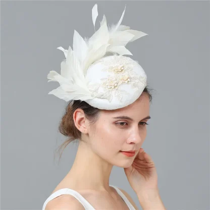 Round Lace Headpiece with Faux Feather Design - Image 2