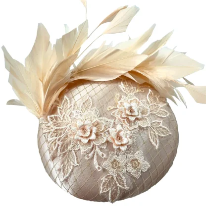 Round Lace Headpiece with Faux Feather Design - Image 10